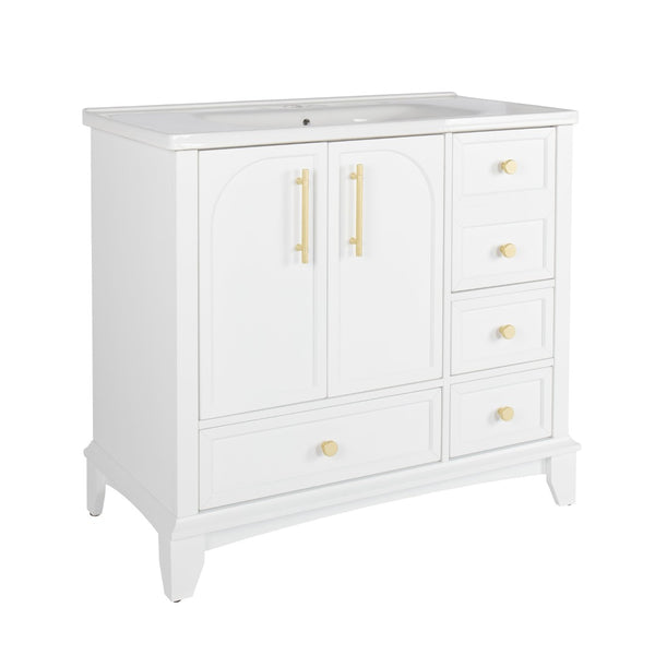 English Elm 35.6" Freestanding Bathroom Vanity with Roman Column Base and Ceramic Integrated Sink White W1801S00003
