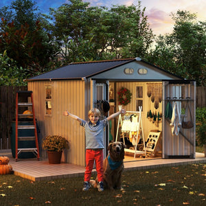 English Elm Outdoor Metal Storage Shed 8x8 Ft with Four Windows and Lockable Double Doors White W1598S00037
