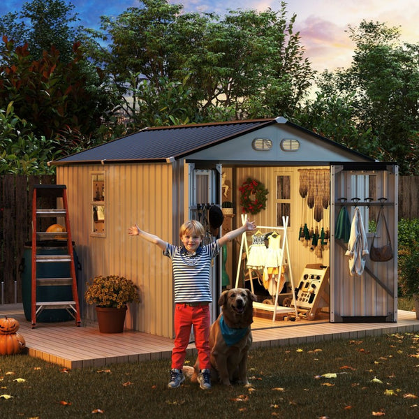 English Elm Outdoor Metal Storage Shed 8x8 Ft with Four Windows and Lockable Double Doors White W1598S00037