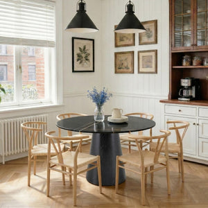 English Elm Table and Chair Set Round Stone Look Top with Six Wishbone Iron Dining Chairs W2920S00154