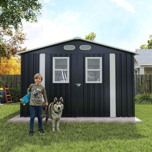 English Elm Outdoor Metal Storage Shed 8x8 Ft with Four Windows and Lockable Double Doors Dark Gray W1598S00041