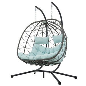 English Elm 2 Person Wicker Hanging Egg Chair with Freestanding Stand Outdoor Patio Swing Seat Blue W1703P444372