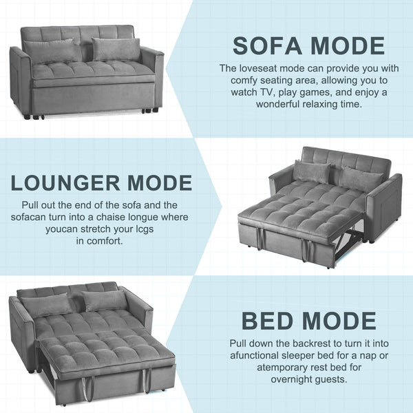 English Elm 3 Velvet Convertible Sleeper Sofa Bed with Pull-Out, Adjustable Back, Side Pockets & Pillows — Dark Gray W2121P289395