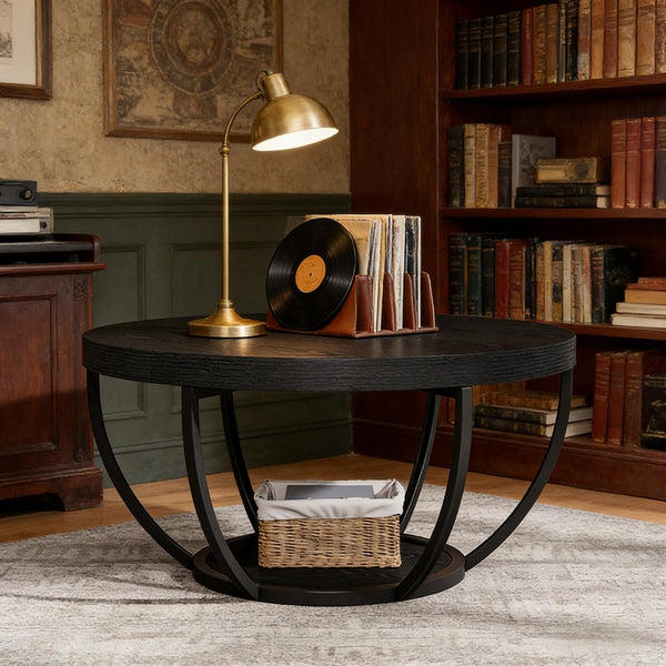 English Elm 2-tier Round Coffee Table Engineered Wood Top Arc Steel Legs Living Room Accent T3971P452225