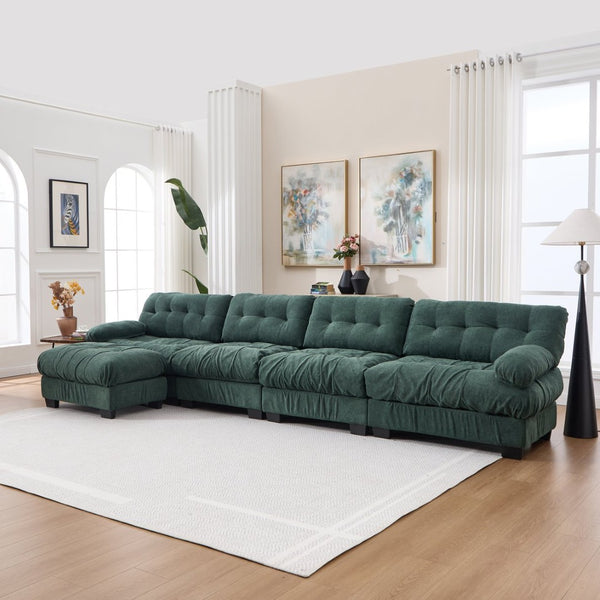 English Elm Modular Cloud Sofa Deep Seat Flannelette Sectional with Round Armrests for Living Room Green W2120S00047