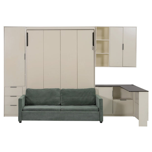 English Elm Queen Murphy Wall Bed Hydraulic Lift Velvet Sofa Built-in Shelves Led Studio Unit Cream LP000392AAA