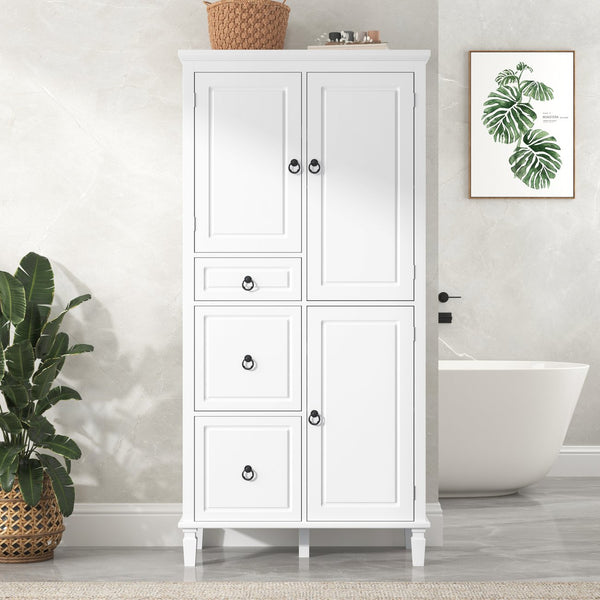 English Elm Retro Multi-Functional Storage Cabinet with Adjustable Shelves, 3 Drawers & Doors, Stylish White Organizer for Living Room Bathroom Kitchen Office - Elegant, Space-Saving Design N725P236498K