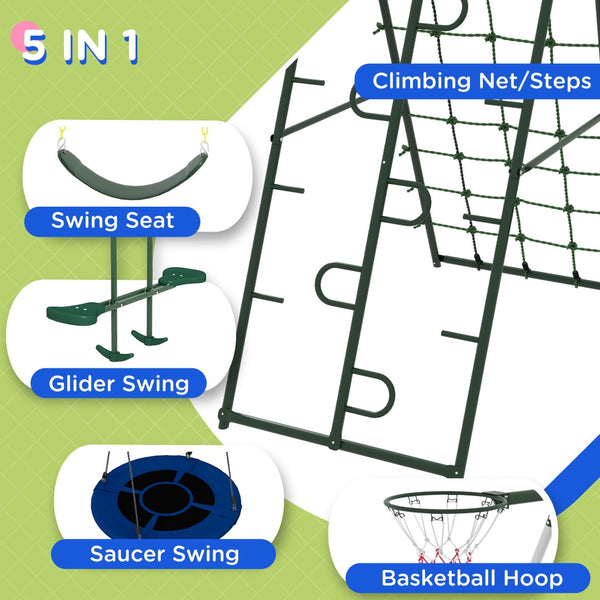 English Elm Outsunny Heavy Duty Steel Backyard Playset with Saucer Swing Slide and Climbing Net W2225P217339