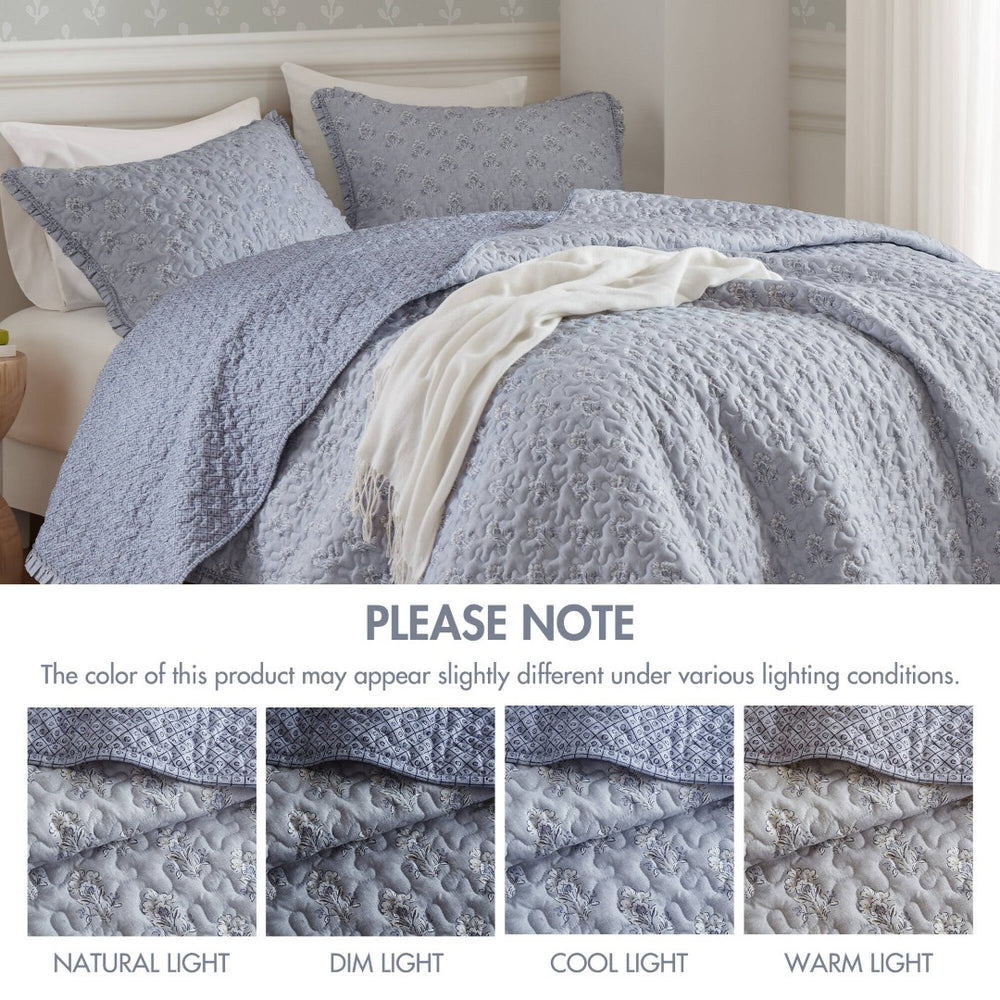 English Elm 3-piece Queen Ruffle Trim Quilt Set Vermicelli Stitched Romantic Coastal Bedding B035P408232