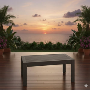 English Elm 43" Outdoor Coffee Table with Wood Grain Top on Powder Coated Iron for Patio Lounging Gray B082P455180