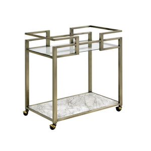 English Elm Neilo Brushed Brass 2-Tier Serving Cart with Faux Marble Top & Clear Tempered Glass Shelves, 32" B2726P408081