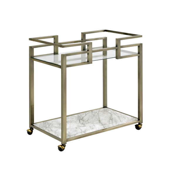 English Elm Neilo Brushed Brass 2-Tier Serving Cart with Faux Marble Top & Clear Tempered Glass Shelves, 32" B2726P408081