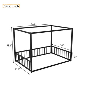 English Elm Full Black Iron Sunshade Floor Bed with Fence-Style Guardrails, Modern Low-Profile Double Frame W1858P282500