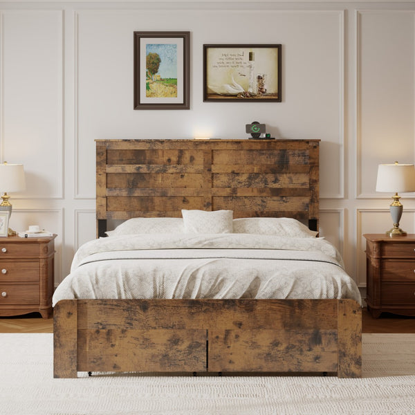 English Elm Full-size Storage Platform Bed Weathered Wood Usb Charging Headboard and Under Drawer W636P430758