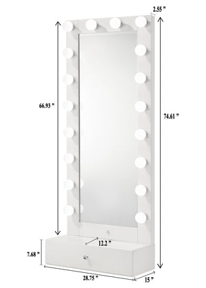 English Elm 1pc Glam Tall Lighted Mirror with Drawer Box Glossy White Vanity, Beveled Glass, Crystal Knob, Luxe Glow B011S01586
