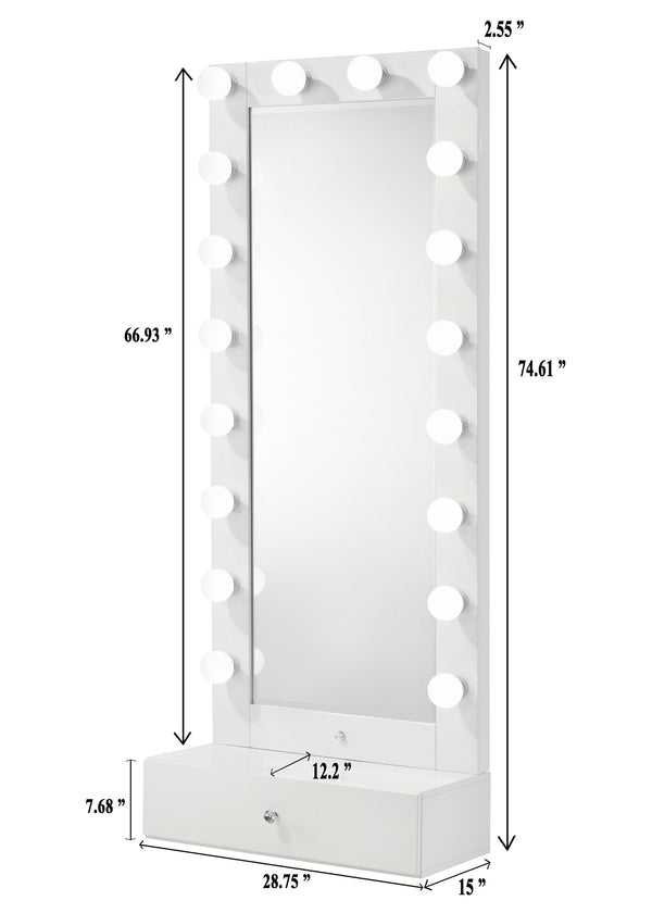 English Elm 1pc Glam Tall Lighted Mirror with Drawer Box Glossy White Vanity, Beveled Glass, Crystal Knob, Luxe Glow B011S01586