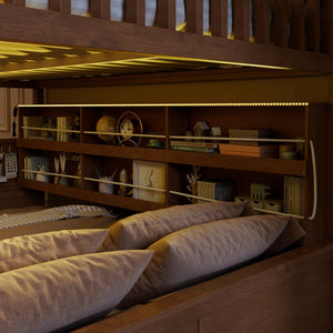 English Elm Full Xl Over Queen Bunk Bed Pinewood Frame with Led Lights Shelving Pegboard Brown LT000279AAP
