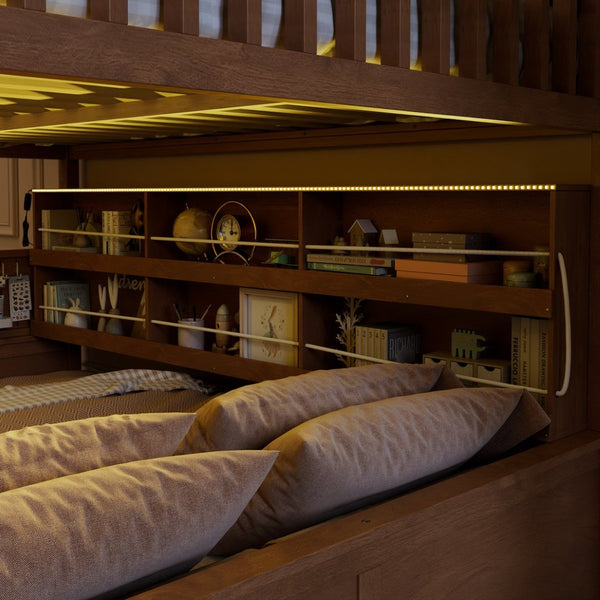 English Elm Full Xl Over Queen Bunk Bed Pinewood Frame with Led Lights Shelving Pegboard Brown LT000279AAP