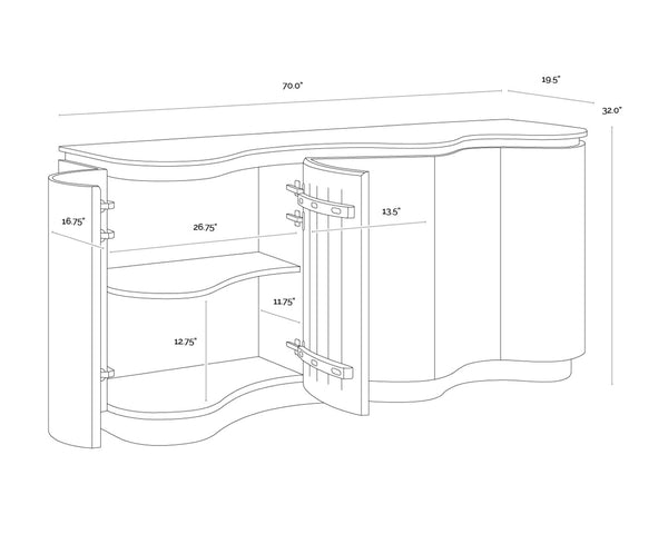Sunpan FABLE Sideboard: Elegant Solid Oak Storage with Curved Design and Travertine Top for Modern Homes 112360