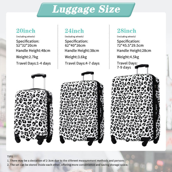 English Elm Hardshell Polycarbonate Luggage Set Three Piece Spinner Suitcases with Tsa Lock White+Black Leopard N732P218227B