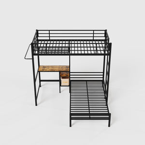 English Elm Bunk Bed Twin Over Twin With Integrated Desk, Storage, Safety Guardrails & Ladder - Black Metal Design W3752P378630