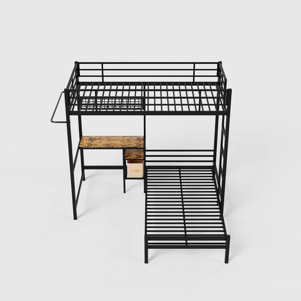 English Elm Bunk Bed Twin Over Twin With Integrated Desk, Storage, Safety Guardrails & Ladder - Black Metal Design W3752P378630