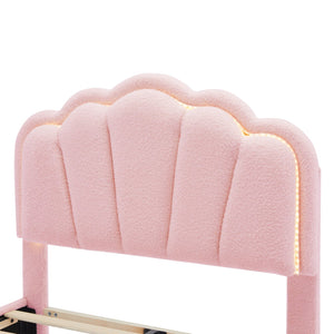 English Elm Twin Flower-Shape Upholstered Bed with LED Headboard, Pink Sherpa Platform Twin Bed for Kids Room Cozy Chic N733P177307H