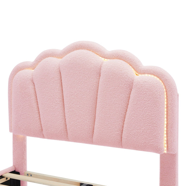English Elm Twin Flower-Shape Upholstered Bed with LED Headboard, Pink Sherpa Platform Twin Bed for Kids Room Cozy Chic N733P177307H