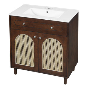 English Elm 30" Rattan Front Bathroom Vanity Solid Pine Cabinet with Ceramic Sink and Adjustable Shelf Walnut N710P293988P