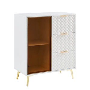 English Elm Deluxe Modern Carved Chest of Drawers with Tempered Glass Doors, 3 Drawers + 2 Compartments, Sleek Metal Legs White W1162P295364
