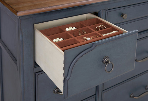 English Elm 9-Drawer Corduroy Blue Dresser, Fully Assembled, Rubberwood & Birch, Soft-Close Felt-Lined Drawers B108P193083