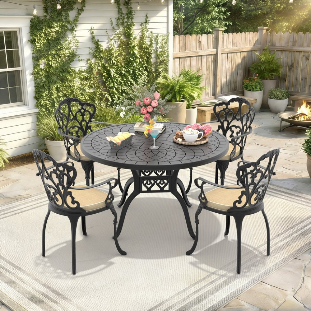 English Elm 5-piece Cast Aluminum Outdoor Dining Set with Ornate Relief Patterned Chairs and Table W1710S00558