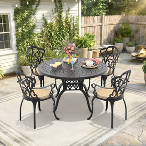 English Elm 5-piece Cast Aluminum Outdoor Dining Set with Ornate Relief Patterned Chairs and Table W1710S00558