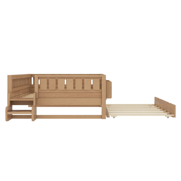 English Elm Twin Kids Platform Bed with Trundle Staircase Bookshelf and Rounded Safety Rails Natural W1580S00561