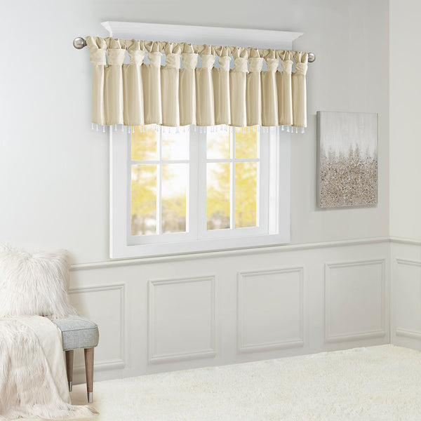 JLA Home Madison Park - Lightweight Faux Silk Valance with Beaded Trim, Lined Twist-Tab Top for Privacy and Elegant Draping Champagne MP41-4454