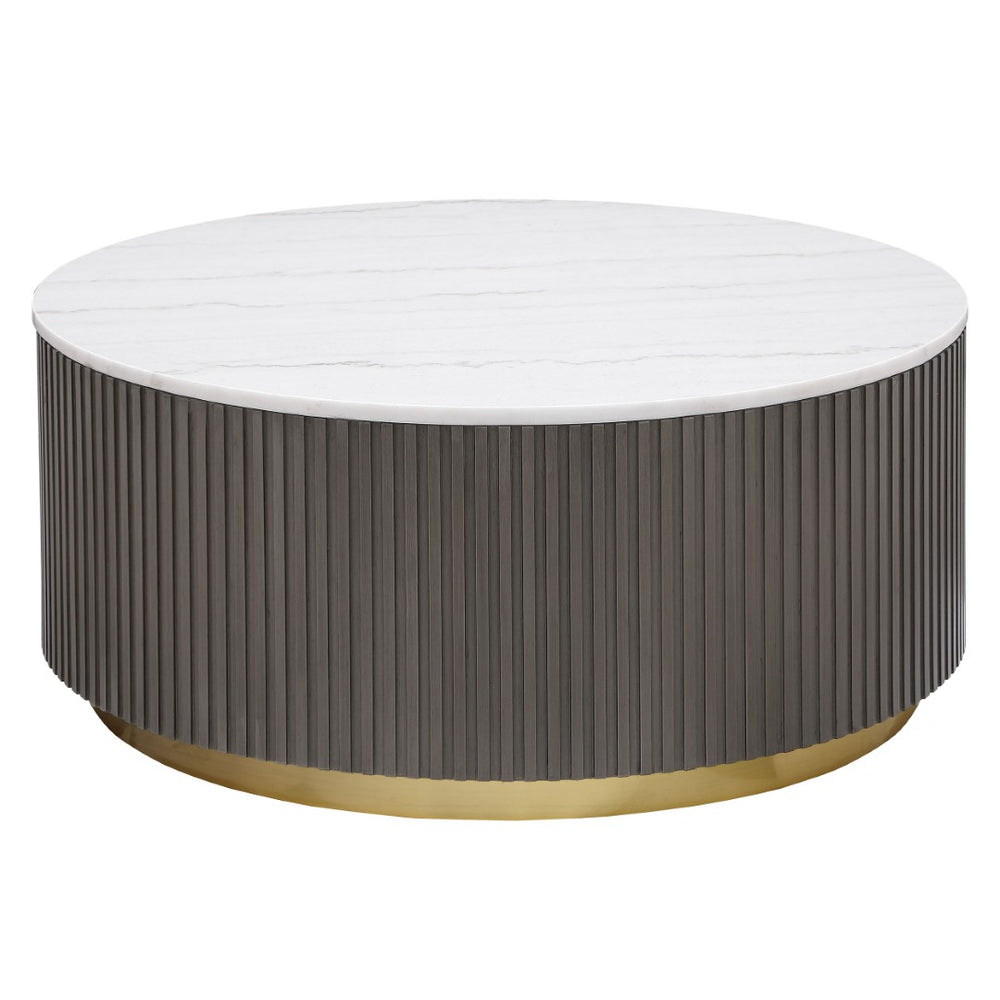 English Elm Sennewald Round Marble Top Coffee Table with Ribbed Base and Brushed Gold Accent B062P447674