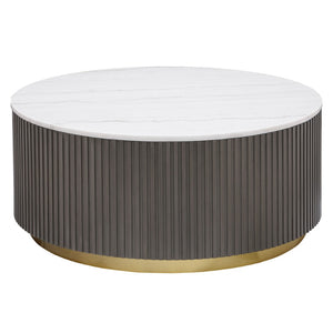 English Elm Sennewald Round Marble Top Coffee Table with Ribbed Base and Brushed Gold Accent B062P447674