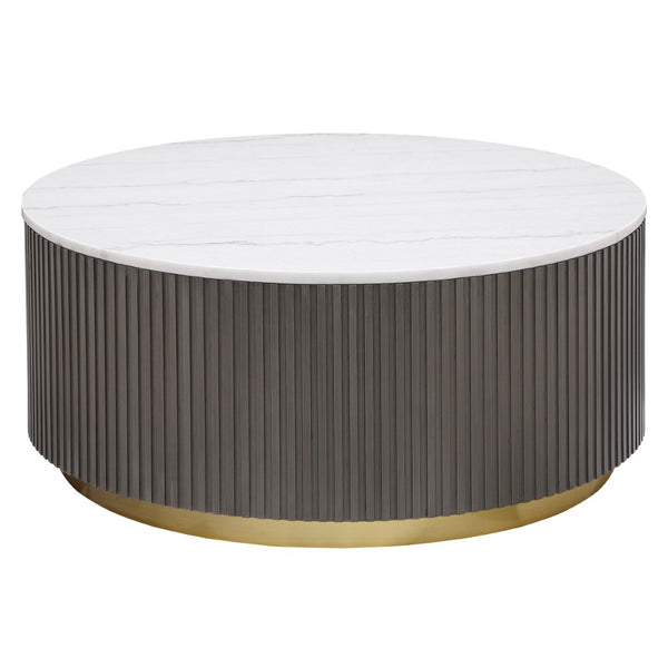 English Elm Sennewald Round Marble Top Coffee Table with Ribbed Base and Brushed Gold Accent B062P447674