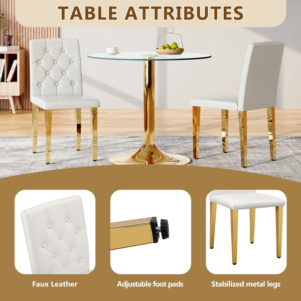 English Elm 4-pack PU dining chairs with ergonomic buckle backrest, high-density sponge seat, gold metal legs elegant luxury White+Gold W1151P295709
