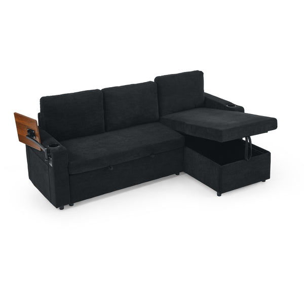English Elm Modern Chenille Pull-Out Bed Sofa With Led Lights, Usb Ports, Cup Holders & Retractable Table, Black W1413S00098