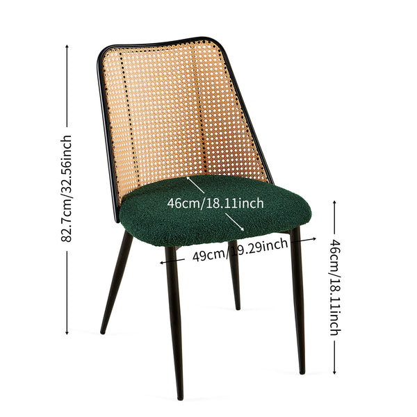 English Elm Green Rattan Dining Chairs Set Of 2 - Stylish Boucle Upholstered Seat With Natural Cane Backrest W1164P218678