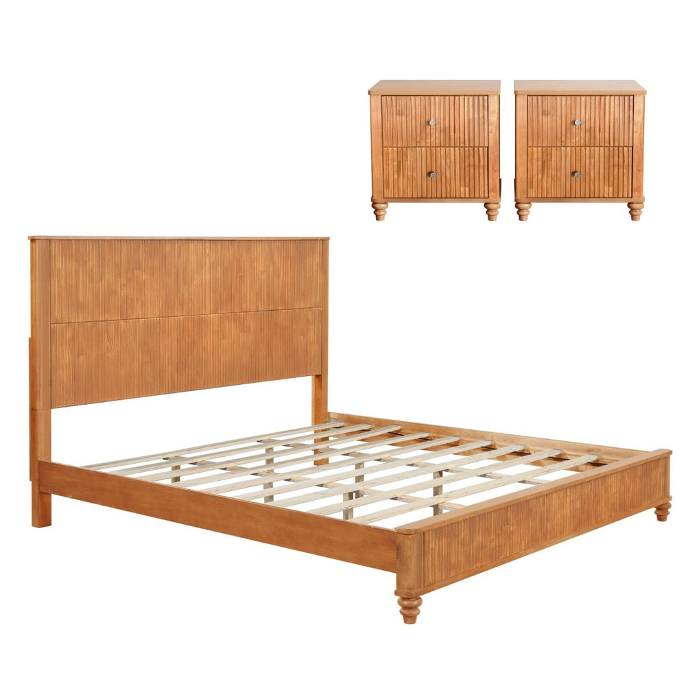 English Elm 3-piece King Bedroom Set Fluted Wood Frame Natural Finish with Storage Nightstands W1716S00033