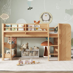 English Elm Twin Low Loft Bed Solid Pine Frame Kids Study Desk Blackboard Storage White W1580S00574