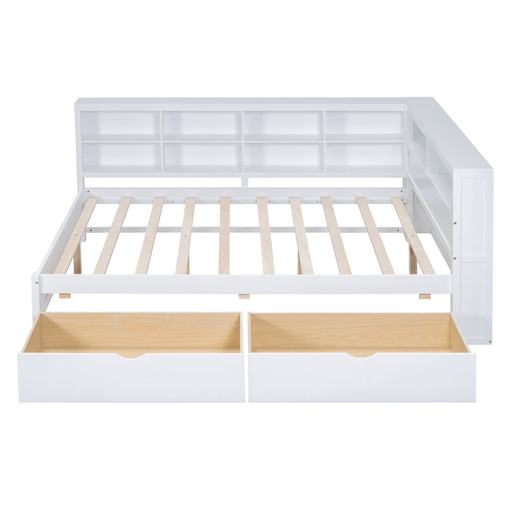 English Elm Wooden Full Size DayBed with Trundle, Pine Frame, Dual Storage Shelf and Built-in USB Charging Ports White 57.7 L x 16.25 W x 6.7 H N733S347772K