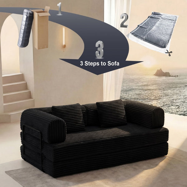 English Elm Compression Corduroy Modular Floor Sofa Sleeper Loveseat Tatami Sectional for Living Room Black W1919P414125