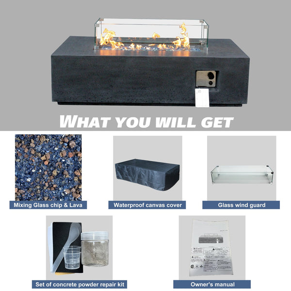 English Elm 52 Modern 52in Rectangular Propane Fire Pit Table 65,000 BTU Lightweight Concrete for Patio Gatherings Black+ Gray W2620P182374