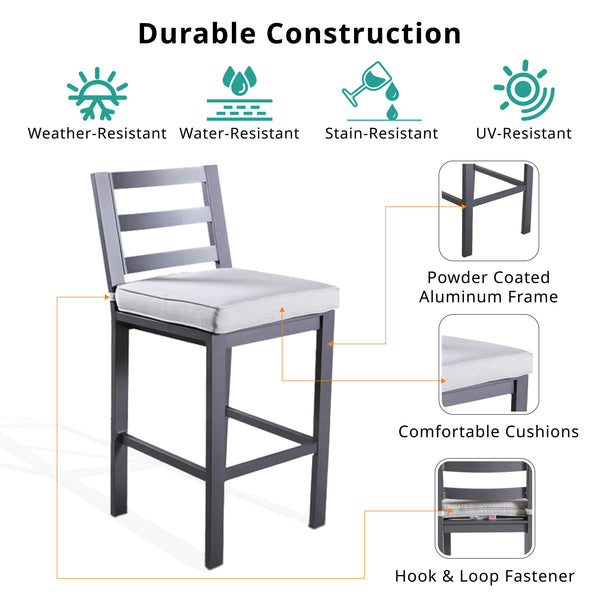 English Elm Outdoor Armless Aluminum Barstools with Cushion Set of 2 — Rust-Proof Pewter, UV-Protected, Thick Cushions, Sleek Design B010P183206