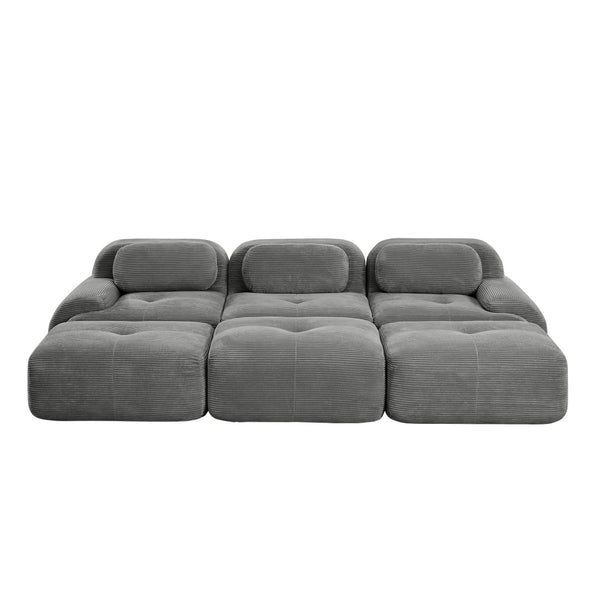 English Elm Three-seat Modular Corduroy Sectional Sofa with Ottomans for Living and Media Rooms Grey W714S01269
