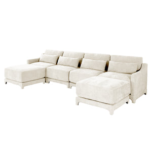 English Elm Four-Seater Chenille Sofa Set With Movable Ottoman, Ergonomic Lumbar Pillow, Modern Elegance In Beige W714S01236
