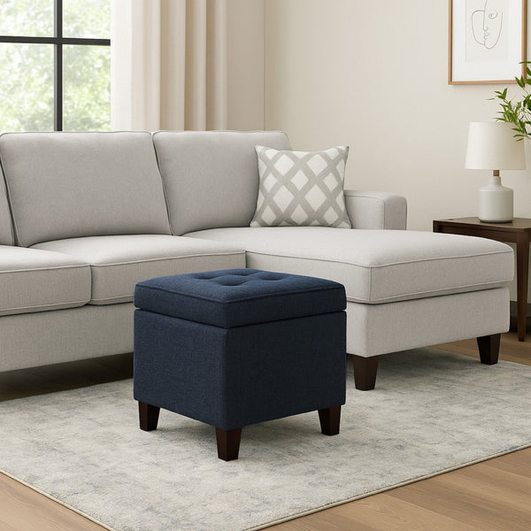 English Elm Soa Woven Fabric Cube Ottoman with Tray Lid and Hidden Storage for Living Rooms B056P416973